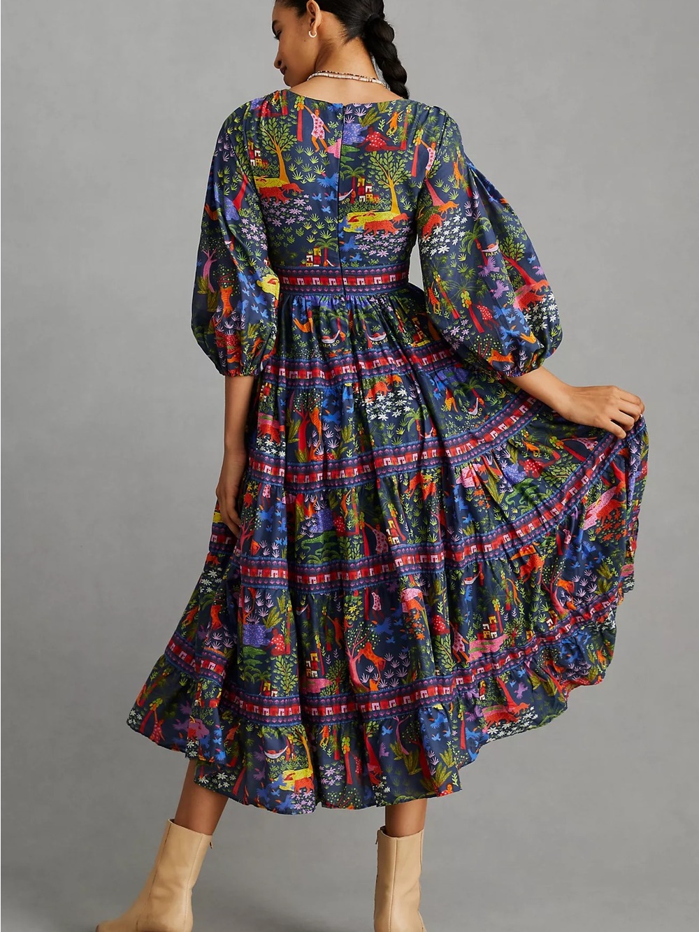 Farm Rio Utopia Puff Sleeve Tropical Midi Tier Dress NEW - Picture 6 of 11